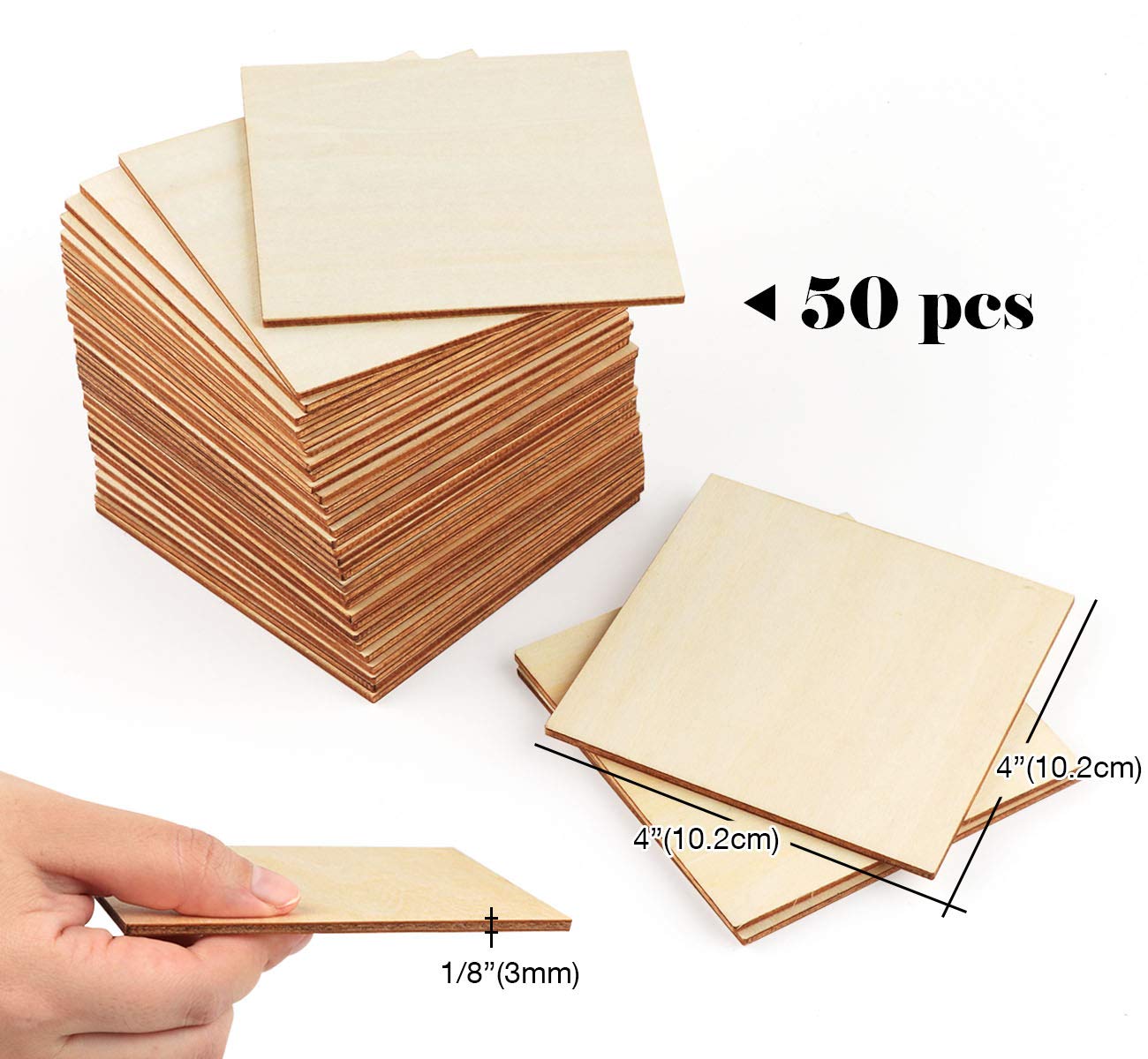 ilauke 50Pcs Basswood Sheets 1/8 Wood Square 4x4 Blank Balsa Wood Sheet for Crafts, Thin Unfinished Wood Squares for Wood Burning Painting Staining Wood Engraving Laser Projects Wood Craft Supplies