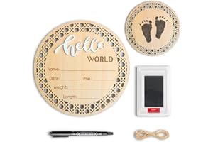 PDRYLY Baby Birth Announcement Sign with Marker Pen, Wooden Hello World Newborn Sign with Ink Pad for Baby Hand and Footprints, Double-sided Newborn Announcement Sign for Baby Shower Photo Prop Keepsakes