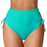 JOYBIK Women's High Waisted Full Coverage Bikini Bottoms Tummy Control Adjustable Drawstring Swim Bottoms