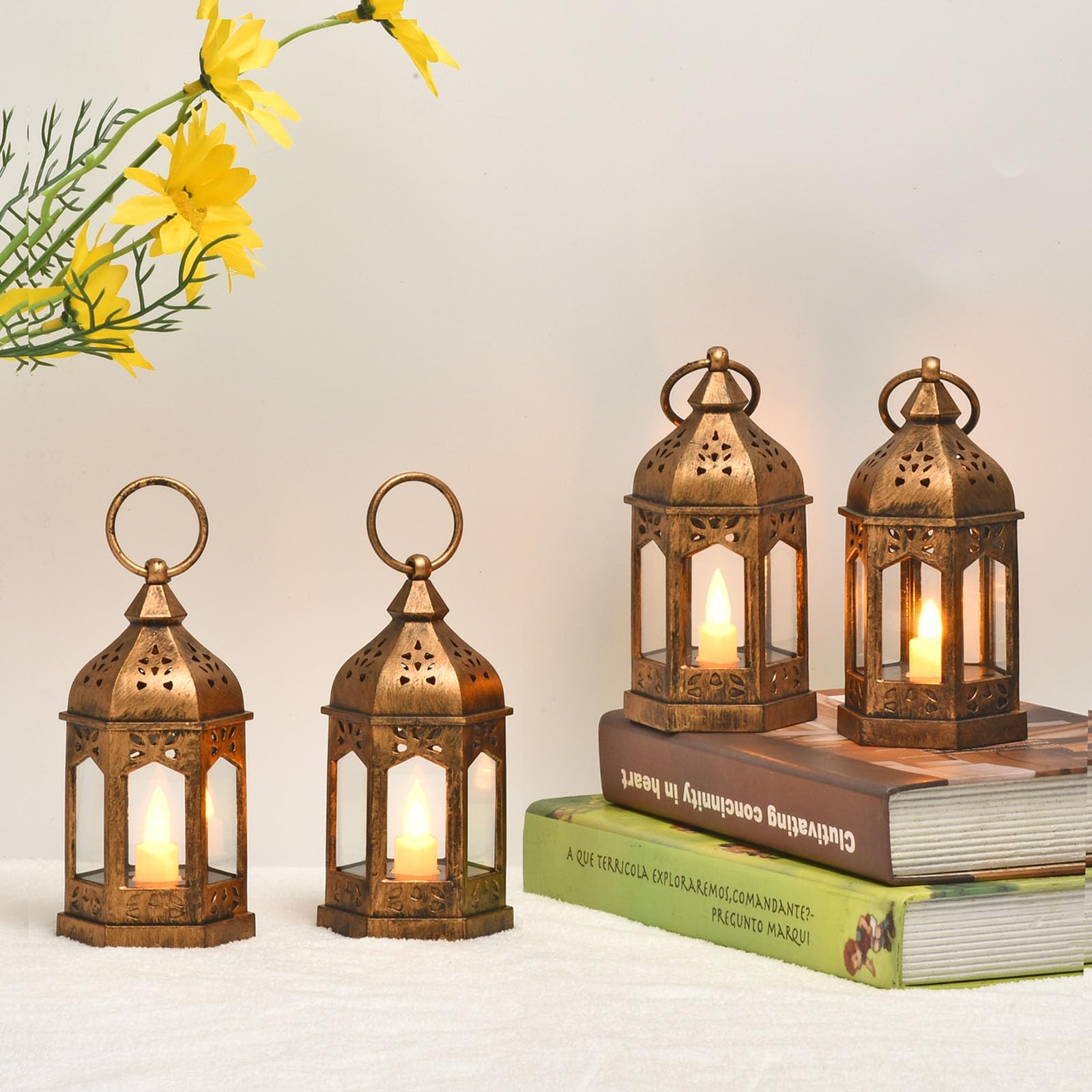 QHYK Candle Lantern Holders Decorative, Metal & Transparent Glass Baroque Style Lanterns with LED Tealight, Wedding or Home or Table Decoration, Birthday Parties Gift, Black