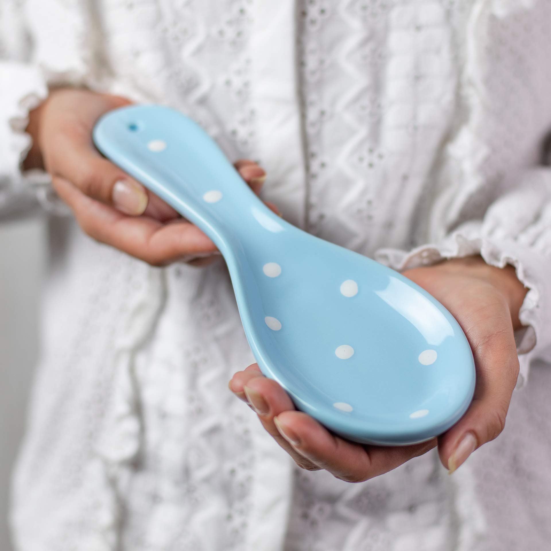 City to Cottage Spoon Rest for Stove Top, Large Ceramic Spoon Holder for Kitchen Counter, Cooking Utensil Rest for Countertop, Handcrafted Sky-Baby Blue Polka Dot Spoon Rest for Ladle, Spatula, Tong