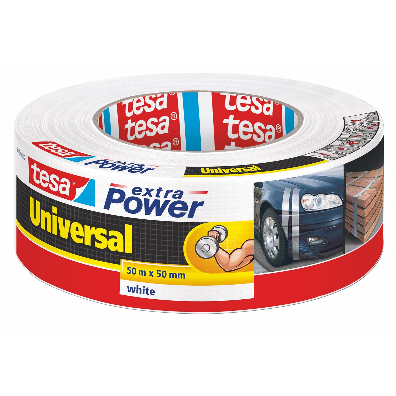 tesa extra Power Universal Duct Tape - Adhesive Tape with Extra Strong Hold and Versatile Use - For Repairs, Fastening, Sealing and More - White - 1 roll - 50 m x 50 mm