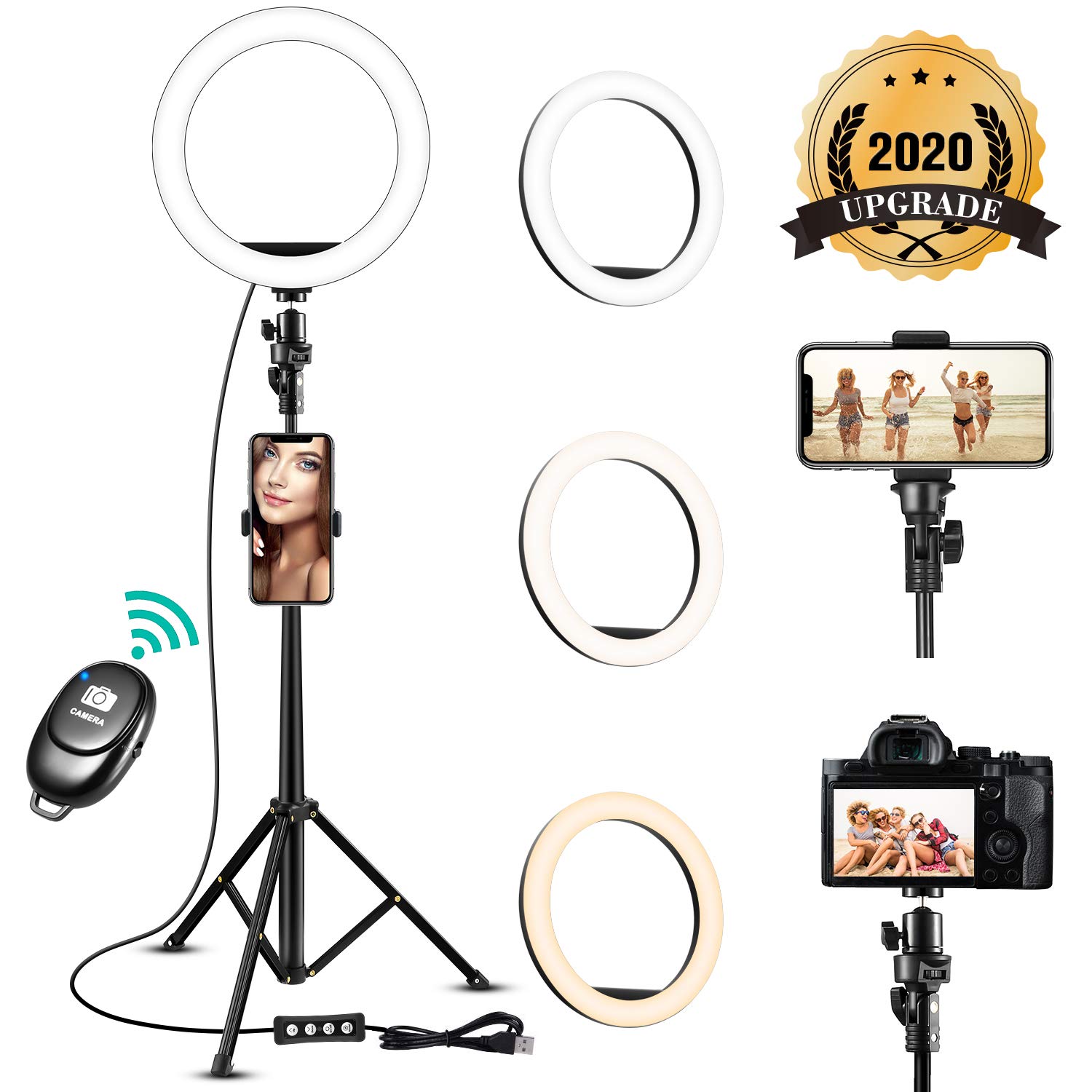 8'' Selfie Ring Light with Adjustable Tripod Stand - Upgraded Dimmable Camera Ring Light with Phone Holder for TikTok/YouTube/Live Stream/Makeup/Photography Compatible with iPhone Android Samsung