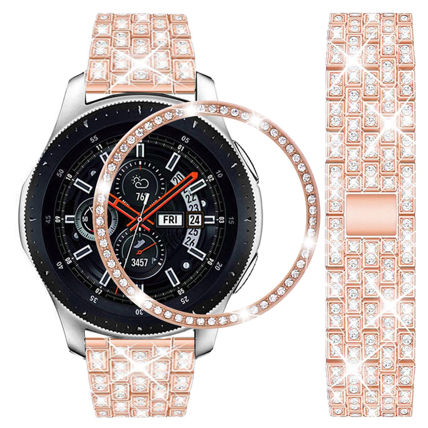 DEALELE Strap Compatible with Samsung Gear S3 Frontier / Classic / Galaxy Watch 46mm, 22mm Rhinestone Diamond Metal Steel Bracelet with Watch Face Bezel Ring Cover Replacement for Women Men, Rosegold