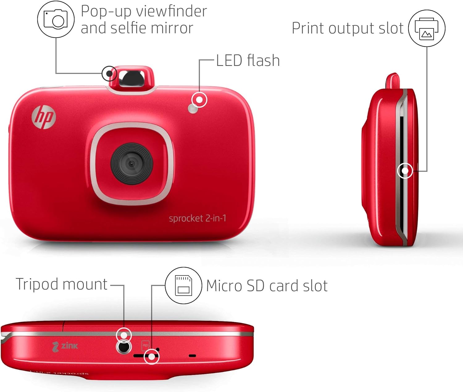 HP Sprocket 2in1 Smartphone Printer & Instant Camera, Red with 10 pack of film 191628726912 eBay