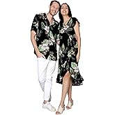 Matchable Couple Hawaiian Luau Shirt or Wrap Ruffle Dress in Pineapple Garden Black