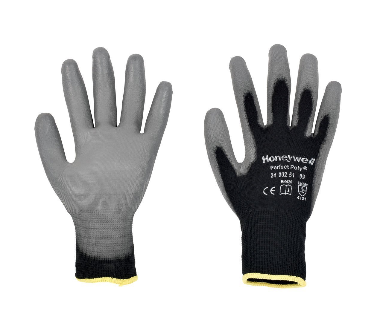 Honeywell 2400251-11 Perfect Poly Black Polyamide Knitted Gloves for General Handling, Grey Polyurethane Coating on Palm and Fingertips, 25 cm Length, Size 11 (Pack of 10 pairs) — image 1