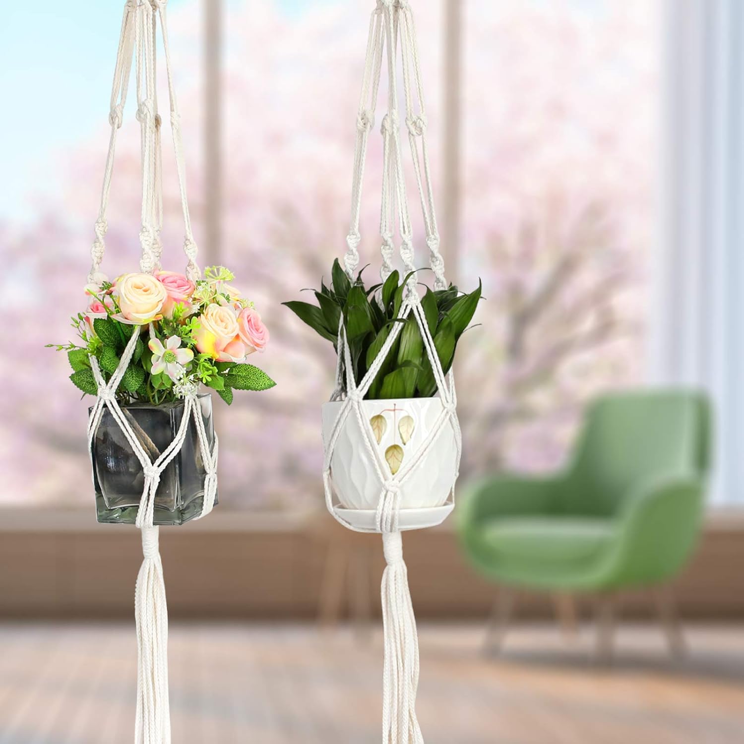 Purnap 2 Pack Macrame Plant Hangers with 2 Hooks, Handmade Indoor Outdoor Hanging Planter Holder Basket Flower Pot Holder Cotton Rope for Garden Home Decoration, 4 Legs, 42" Length: Garden & Outdoor