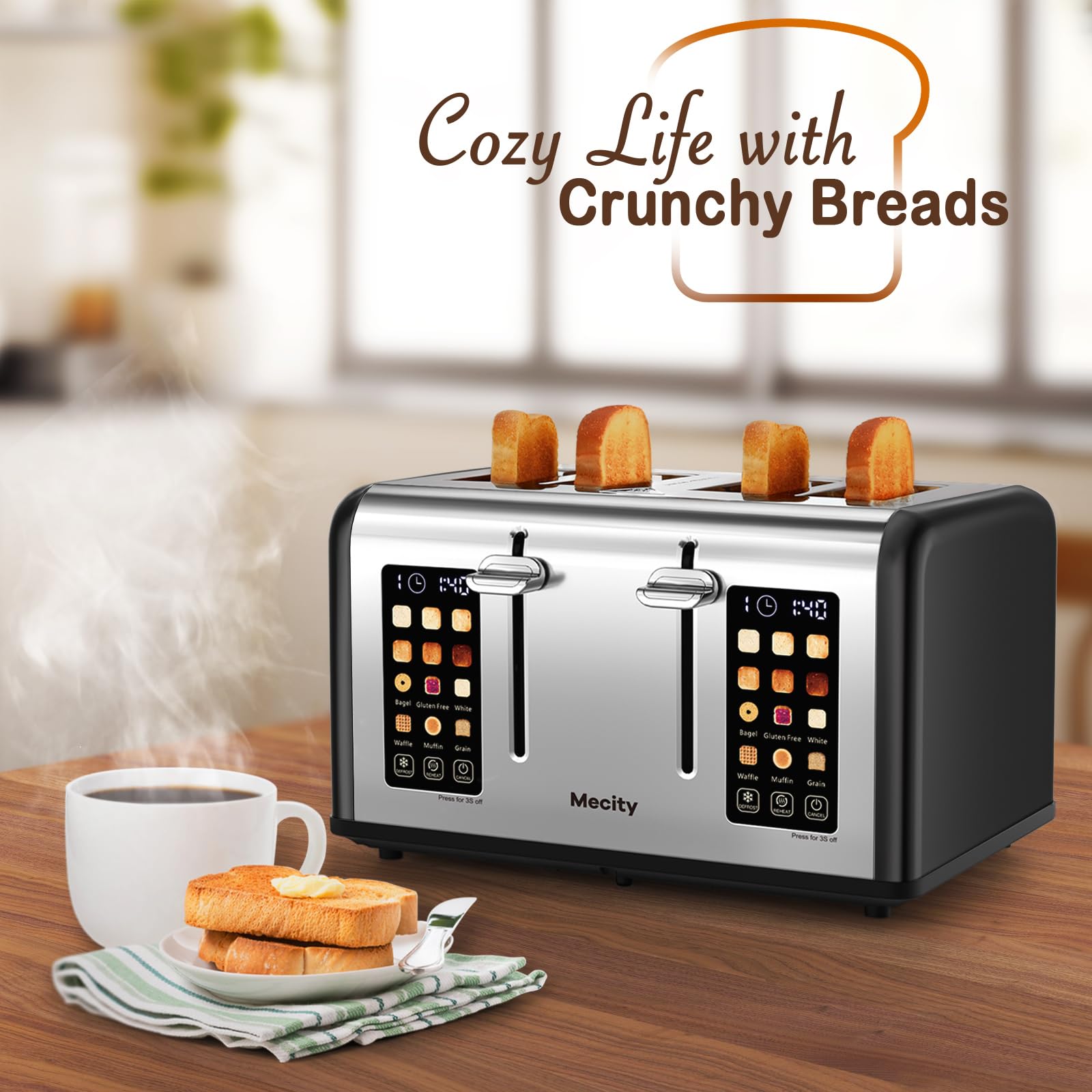 Mecity Tostadora de 4 Rebanadas con Control de Pantalla Táctil, 4 Ranuras Anchas, Tostadora de Pan Inteligente de Acero Inoxidable para Bagels, Muffins, Waffles, Panel de Control Dual, Temporizador, Descongelar, Recalentar, 120V 1650W, Negro Mate