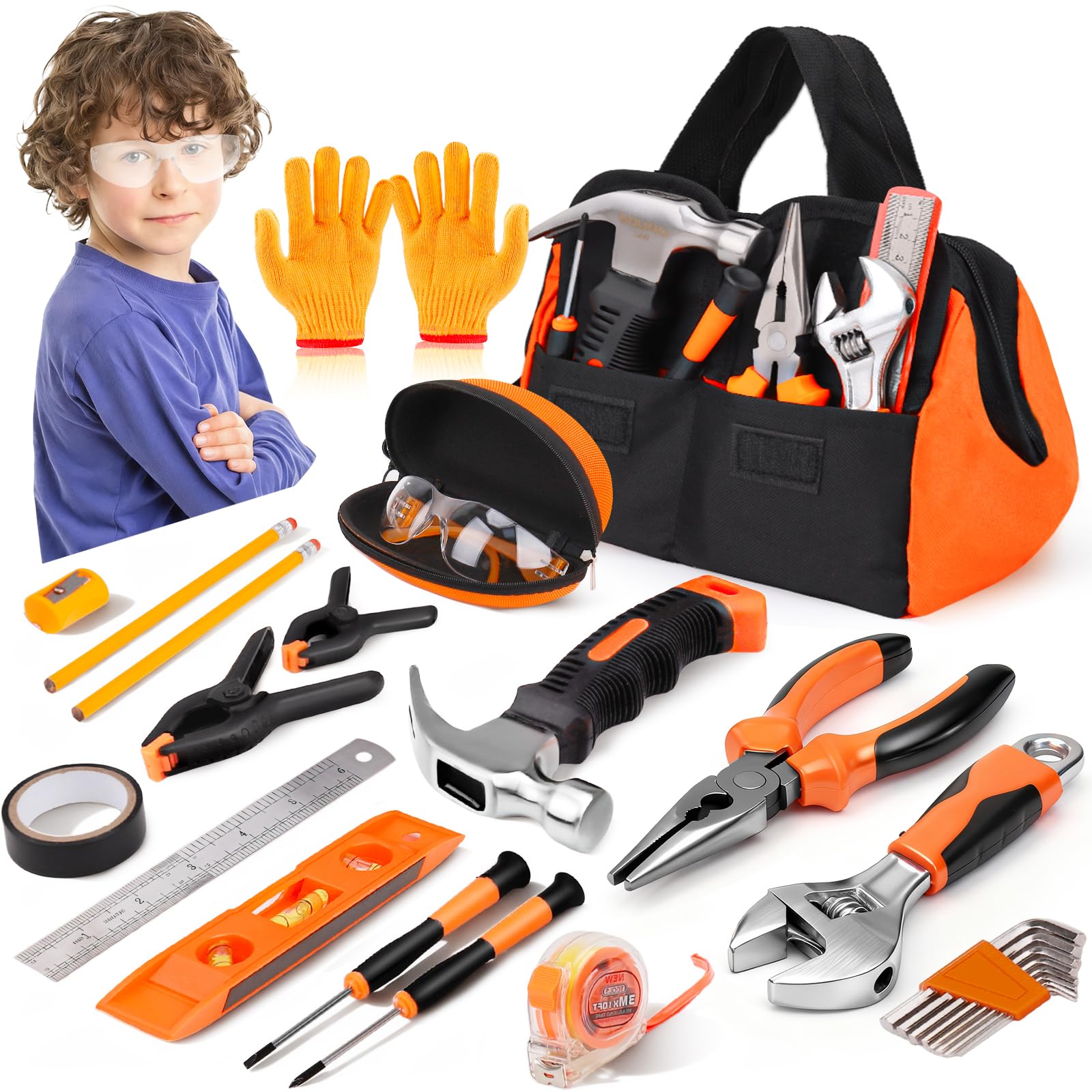 Photo 1 of 27-Piece Orange Kids Tool Set with Tool Storage Bag, Real Hand Tool Kit for Boys & Girls, Child Learning Tools for Building, Woodworking and Construction, 6+ Years Old Birthday Boy Easter Basket Gift