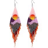 CALORVIA Bohemian Long Tassel Beaded Boho Native Handmade Dangle Earrings | Drop, Fringe, Statement, Tribal, Jewelry, For Women, Modern, Seed Beaded, Large, Big, Mix-Colors