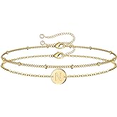 MONOZO Gold Initial Bracelets for Women Girls - Dainty 14K Gold Plated Layered Beaded Letter Initial Bracelet 26 Alphabet Disc Monogram Charm Bracelet Jewelry Gifts for Her