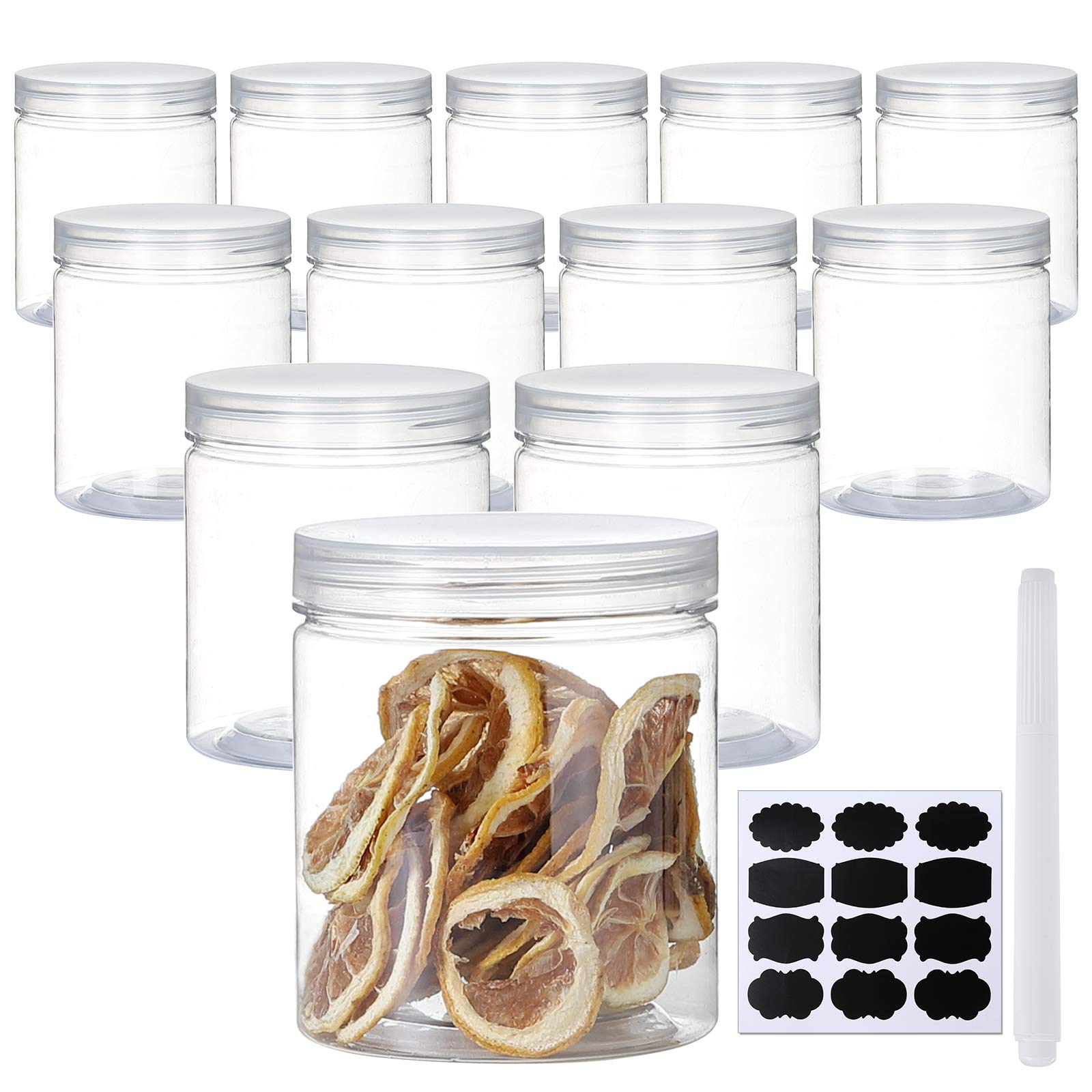 Photo 1 of (USED/FAIR) Yephets 16 OZ Plastic Jars with Lids, 12 Pack Clear Plastic Slime Containers for Kitchen and Household Food Storage of Dry Goods, Creams and More,Included Extra Label and A Pen