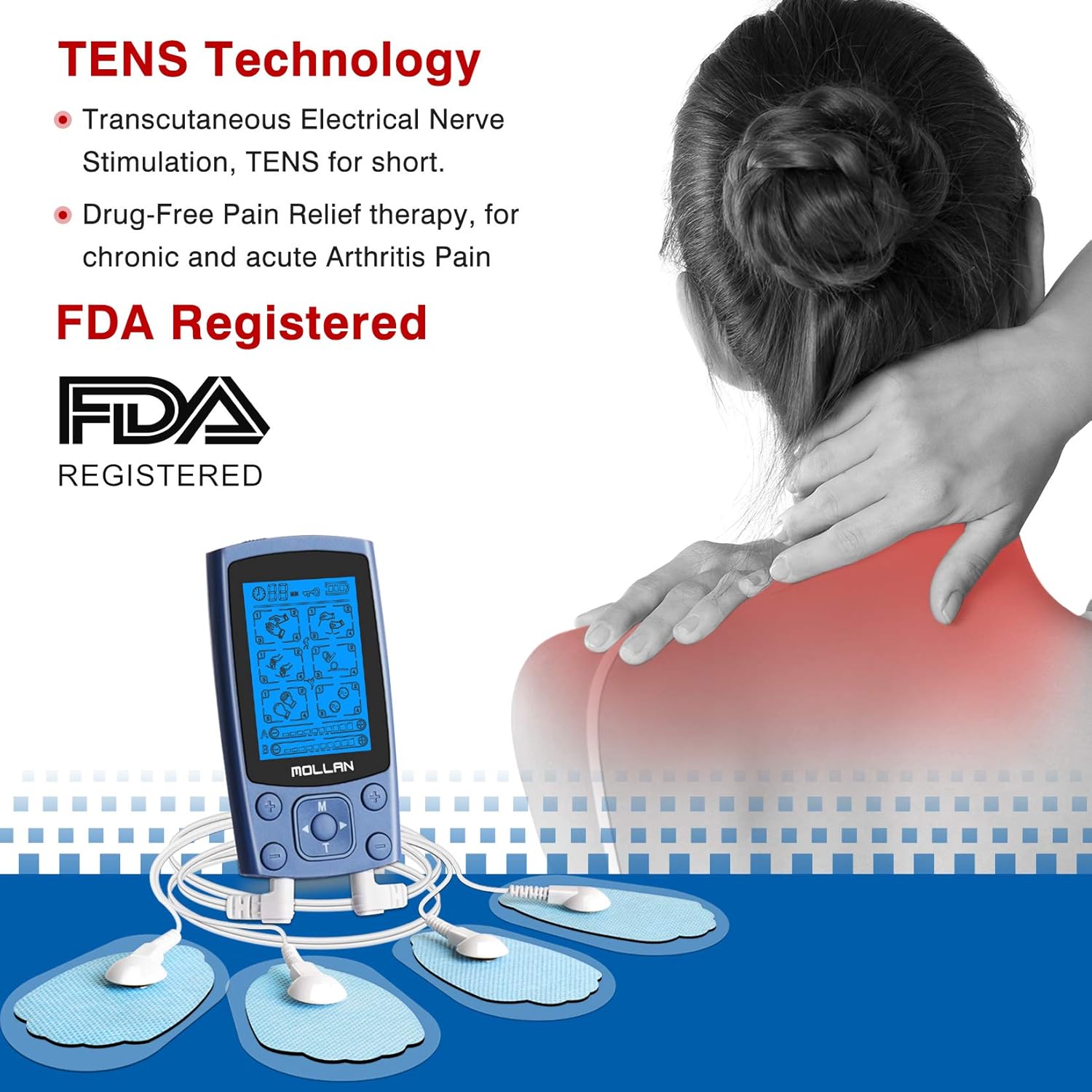 Mollan Dual Channel TENS Unit 24 Modes Electronic Pulse Back Massager with 12 Electrode Pads, EMS Muscle stimulator Therapy for Body Building, Neck, Shoulder, Leg, and Arthritis Pain Relief（Navy blue）: Health & Personal Care