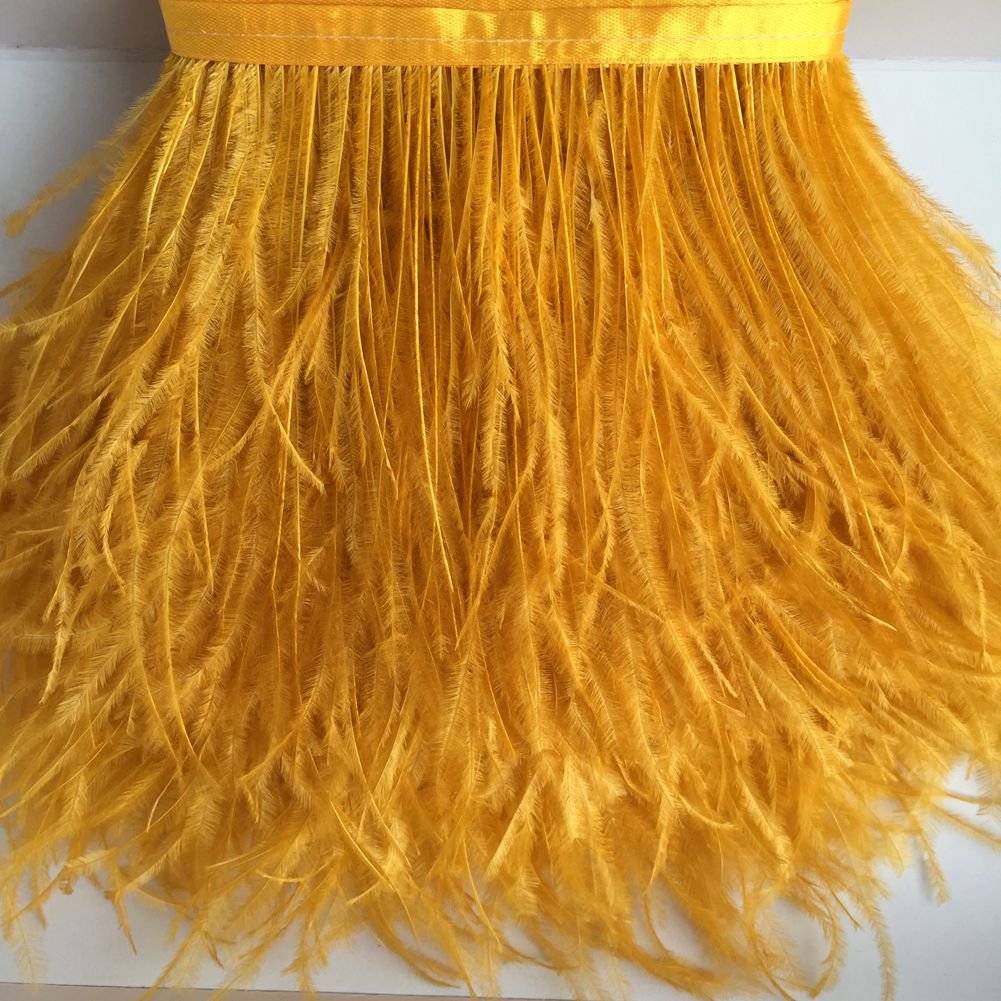 Sowder Ostrich Feathers Trims Fringe with Satin Ribbon Tape for Dress Sewing Crafts Costumes Decoration Pack of 2 Yards (Golden) — image 1