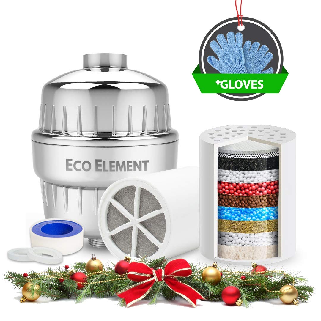 Eco Element Universal Filtro de Ducha. Filtración mejorada. Configuración fácil. (Incluye 2 cartuchos de filtro + Cáscara de cromo + Cinta de teflón + Arandelas + Guantes para fregar la ducha)