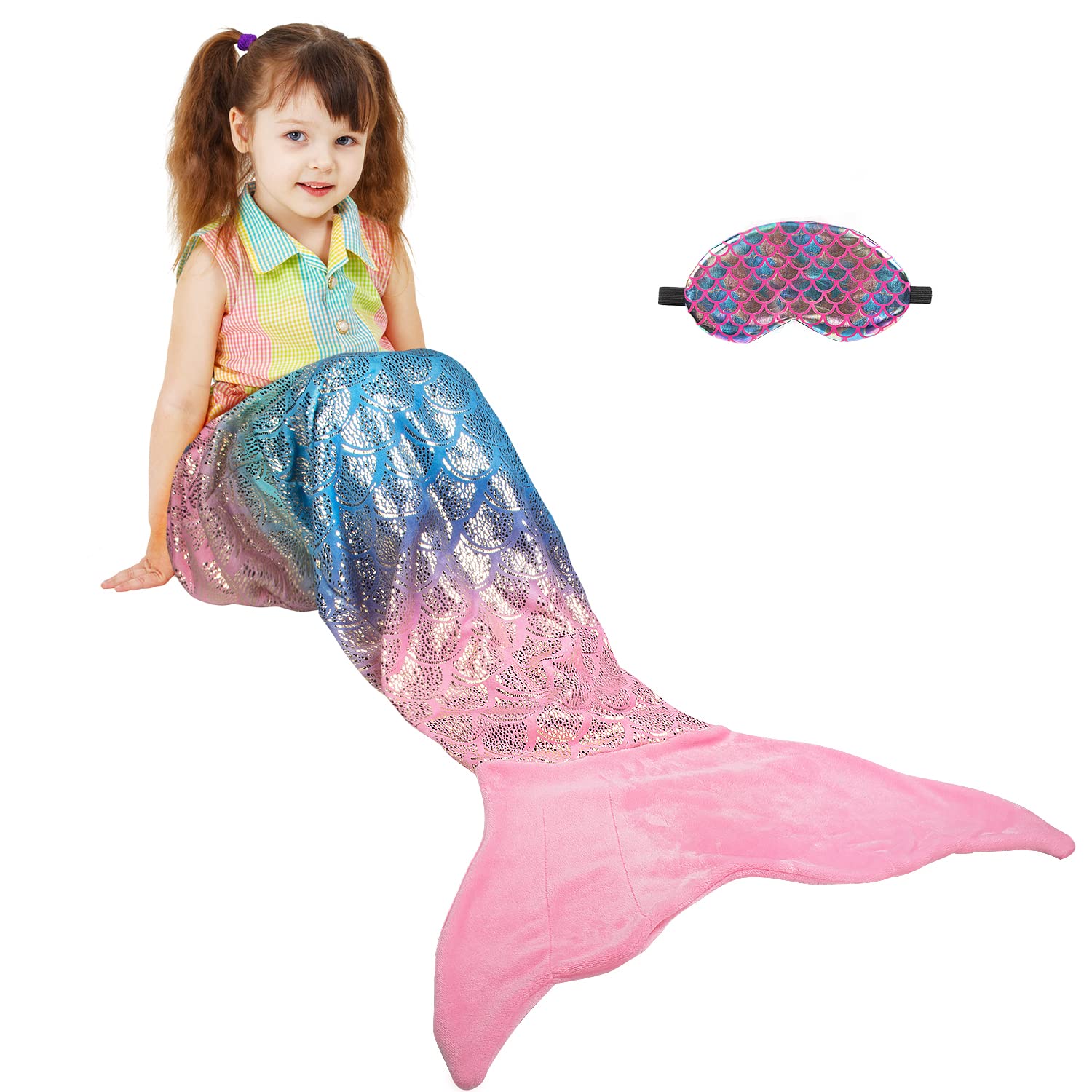 Catalonia Kids Mermaid Tail with Sleep Mask, Super Soft Flannel Sleeping Snuggle Blanket for Girls, Fish Scale Pattern, Birthday Gift for Daughter