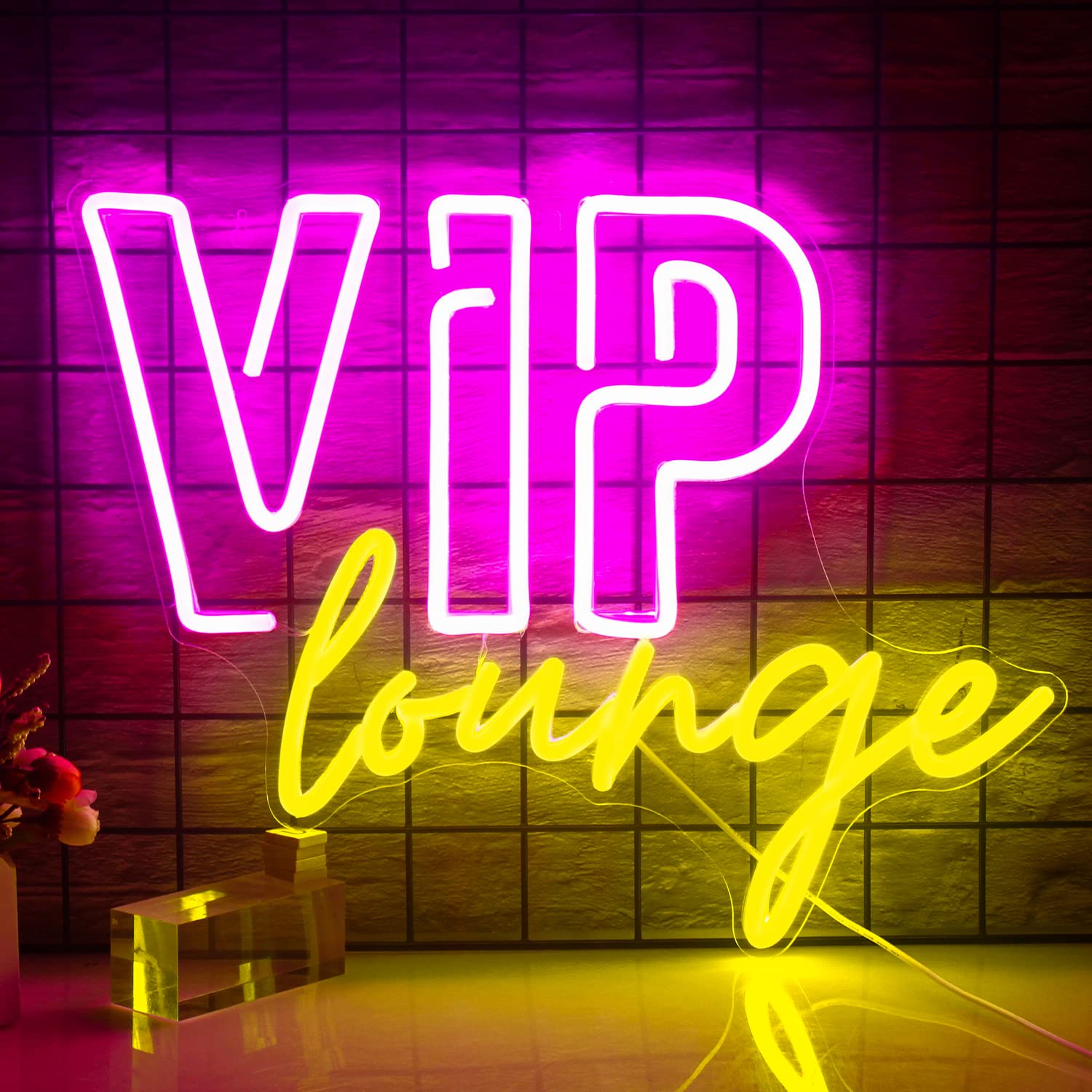 VIP Lounge Neon Signs for Wall Decor LED Neon Light for Room Decor VIP Light up Sign with USB Powered for Home Decor,Hotel,Club,Cafe,Bar,Office,Shopping Mall (pink&lemon yellow) — image 1