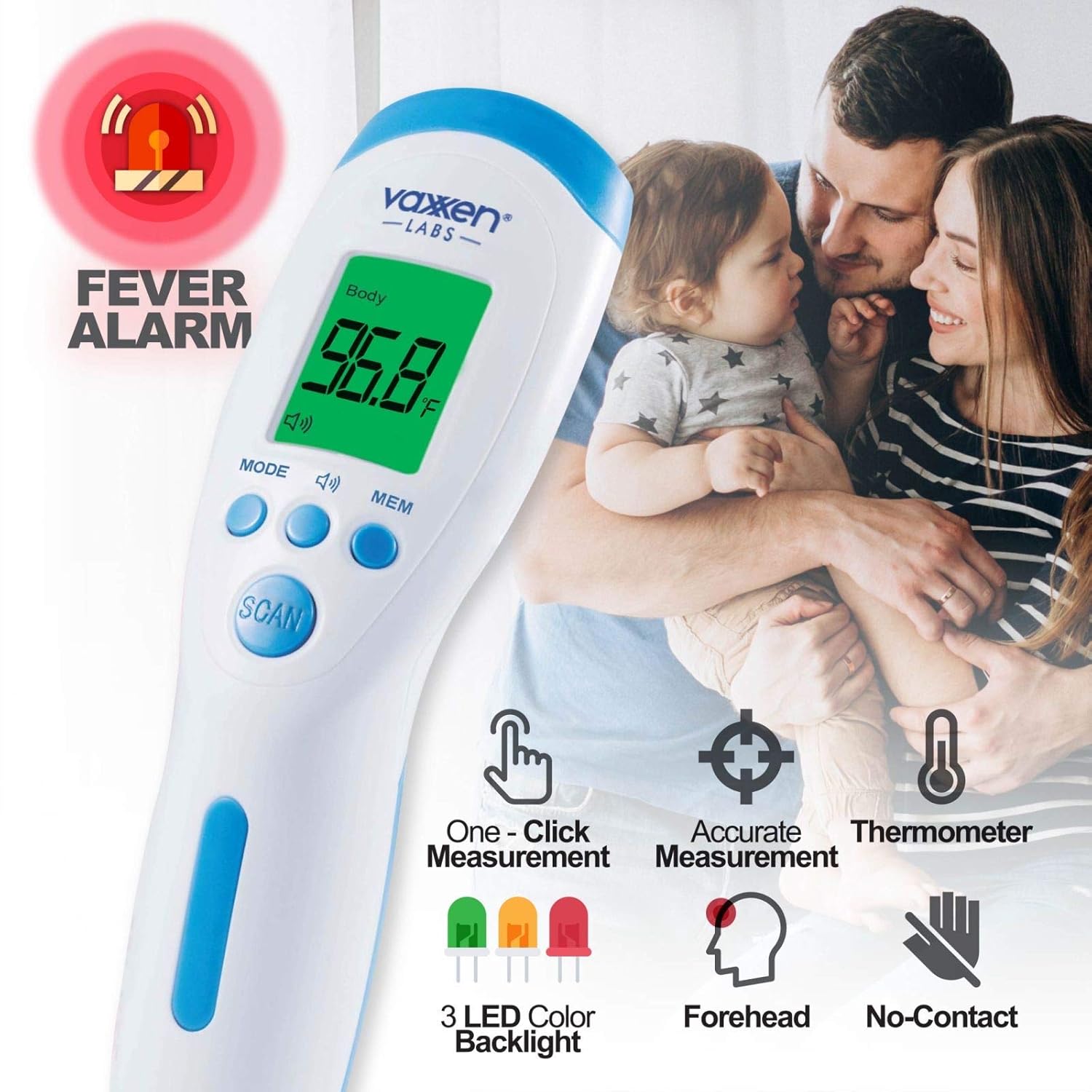 Vaxxen Labs No Touch Infrared Forehead Thermometer - Calibrated Accuracy for Clinical and Medical Use - 1 Second Readings with Auto Power Off – Non Contact Temperature Scanner for Adults, Kids, Baby: Industrial & Scientific