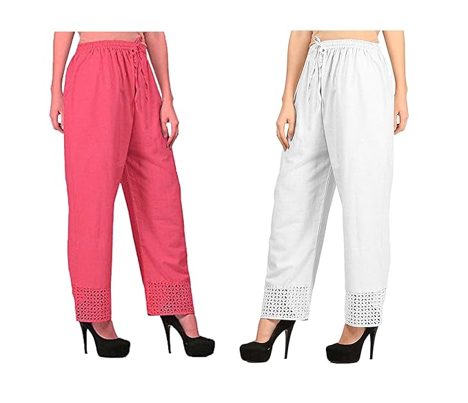 Women's Cotton Palazzo Designer Plain Casual Wear Palazzo for Women/Girl Combo Cotton Palazzo Color-Peach_ White