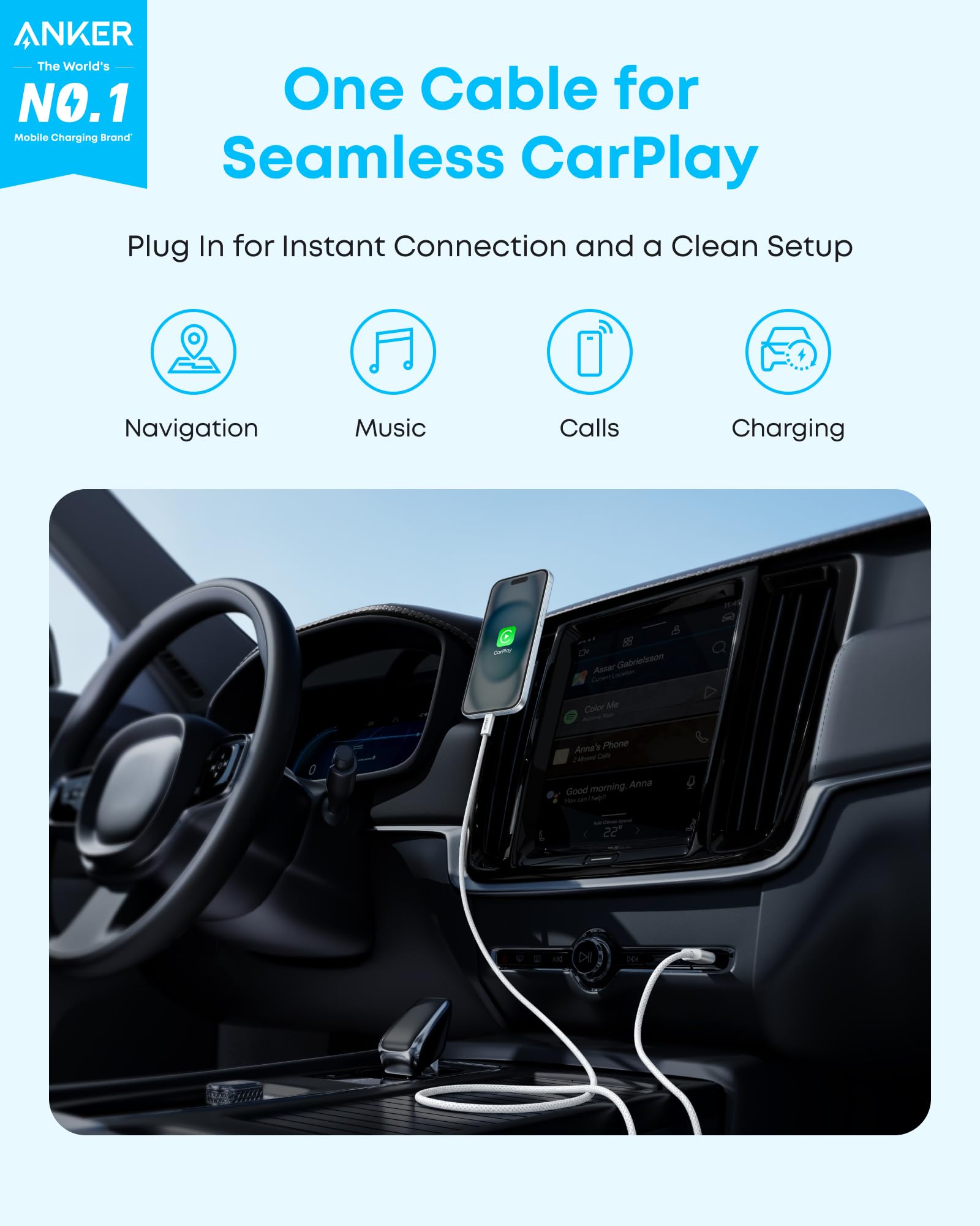 Anker Zolo USB to USB C Cable, Seamless CarPlay Connesction, Durable and Braided Type C Cable, Premium Look with Slim Connector, for iPhone 17/16 Series, iPad Pro, and More (Black, 3.3FT)