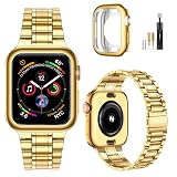 MioHHR Solid Stainless Steel Band Compatible with Apple Watch 46mm (Series 11 10), Metal Strap with Soft TPU Case for iWatch Series 11/10 46mm Women and Men, Gold