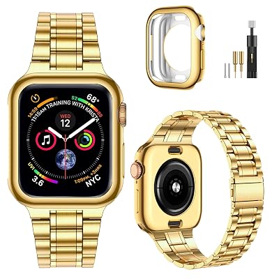 MioHHR Solid Stainless Steel Band Compatible with Apple Watch 46mm (Series 11 10), Metal Strap with Soft TPU Case for iWatch Series 11/10 46mm Women and Men, Gold