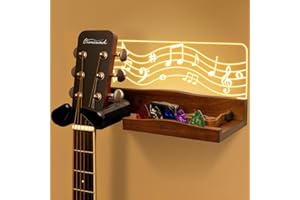 Onmiwod Guitar Wall Mount with LED Light, Auto Lock Guitar Hanger with Shelf and Pick Holder, Wood & Acrylic Light Up Guitar Holder Wall Mount, Guitar Music Accessories Gifts for Guitar Lover Player
