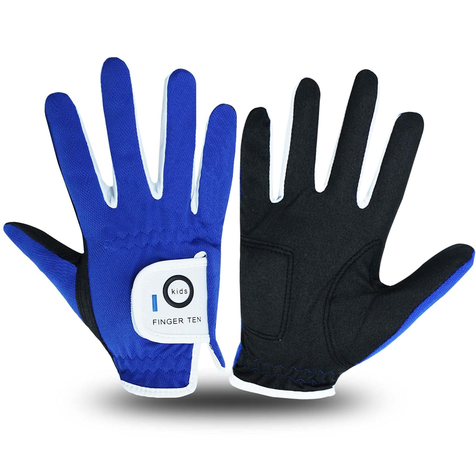 FINGER TEN Golf Gloves Kids All Weather Soft for Left and Right Hand Rain Grip Breathable Value Pair, Golf Gloves for Girls Boys Wear-Resistant Non Slip Comfortable (Blue, X-Large)