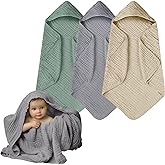 Muslin Hooded Baby Towels, 3 Pack Cotton Baby Bath Towels with Hood for Newborn, Babies, Infant, Toddler, Soft and Absorbent Baby Shower Towel Newborn Essential (35 X 35 Inch) (Green + Grey + Apricot)
