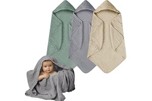 MOMSNUG Muslin Hooded Baby Towels, 3 Pack Cotton Baby Bath Towels with Hood for Newborn, Babies, Infant, Toddler, Soft and Absorbent Baby Shower Towel Newborn Essential (35 X 35 Inch) (Green + Grey + Apricot)