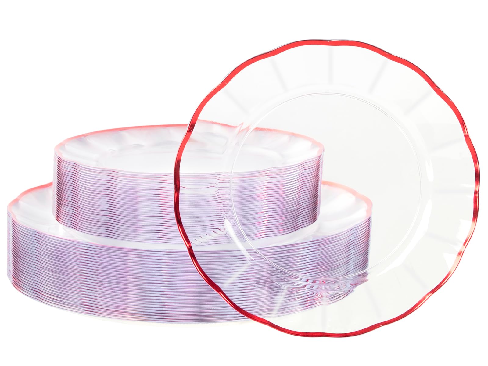 Photo 1 of supernal 60pcs Clear and Red Plastic Plates,Fancy Scalloped Plates Disposable Heavy Duty, Wedding Disposable Dinnerware Include 30 Dessert Plate and 30 Dinner Plastic Plate for Party and Birthday
