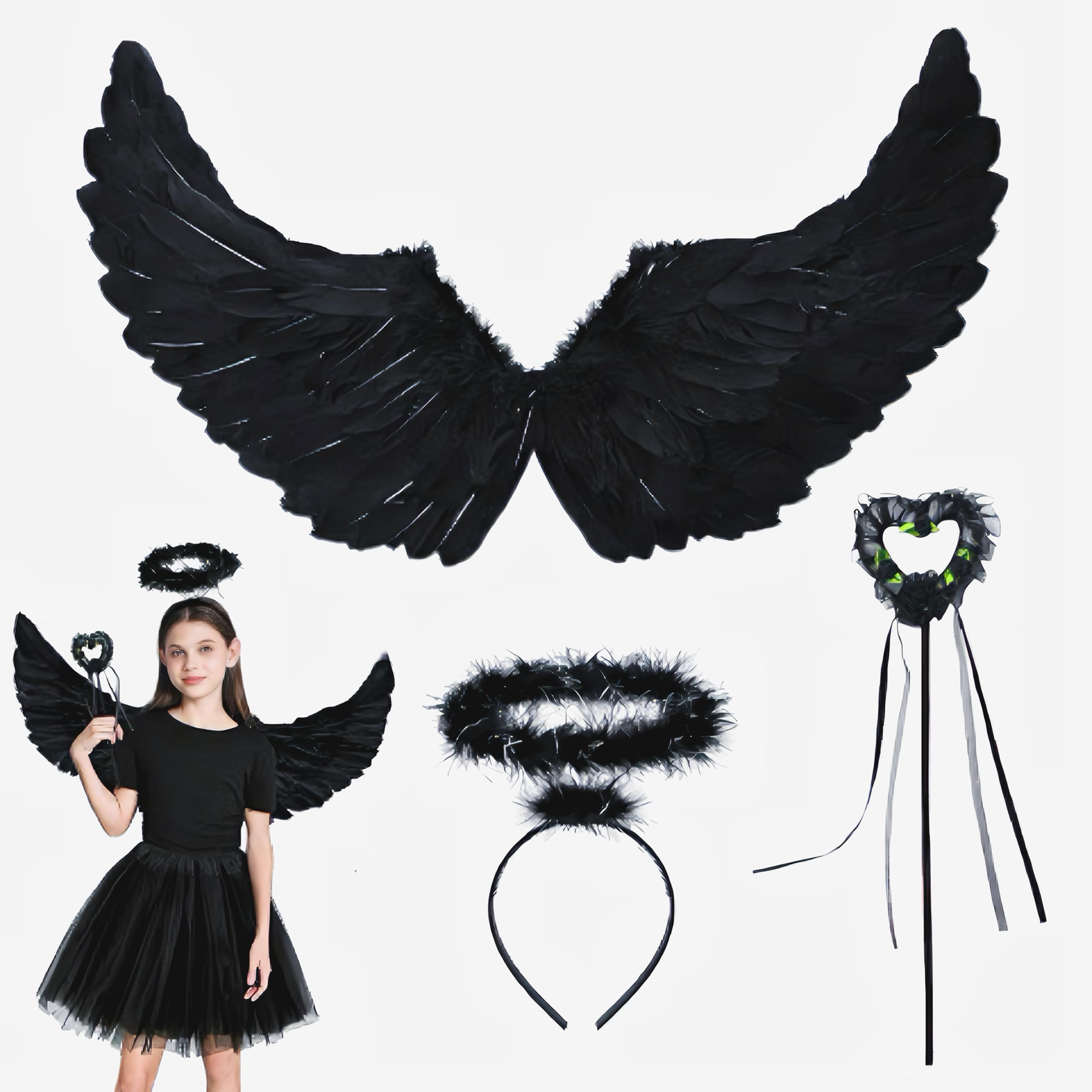 Irunfast Halloween Dark Angel Set,Black Angel Wings with Halo Headband and Fairy Wand,Ealistic Bird Wings,Black Angel Costume for Halloween Party & Cosplay