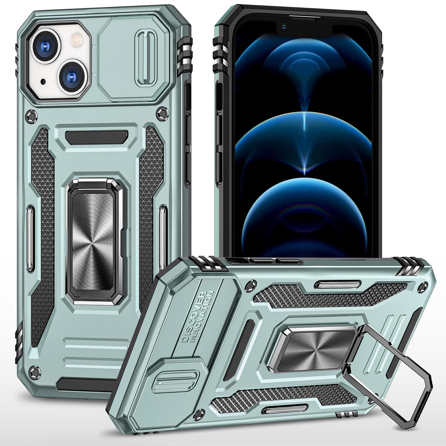SEFING Phone Case for iPhone 14 Plus Case with Slide Camera Cover, with Finger Ring Holder Stand, fit Magnetic Car Mount, for iPhone 14 Plus (Alpine Green)
