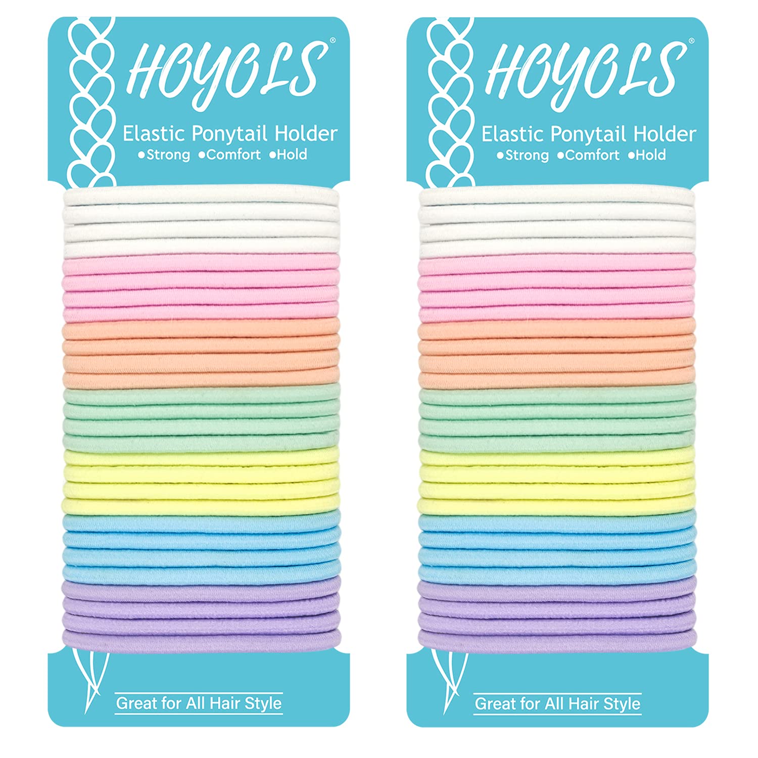 HOYOLS No Metal Hair Elastics Bands, Assorted Baby Ponytail Holder No Snag Ties for Girls Women Thick Hair Accessories Pink Blue Yellow White - 7 Hues 56 Count 4mm(Baby Color)