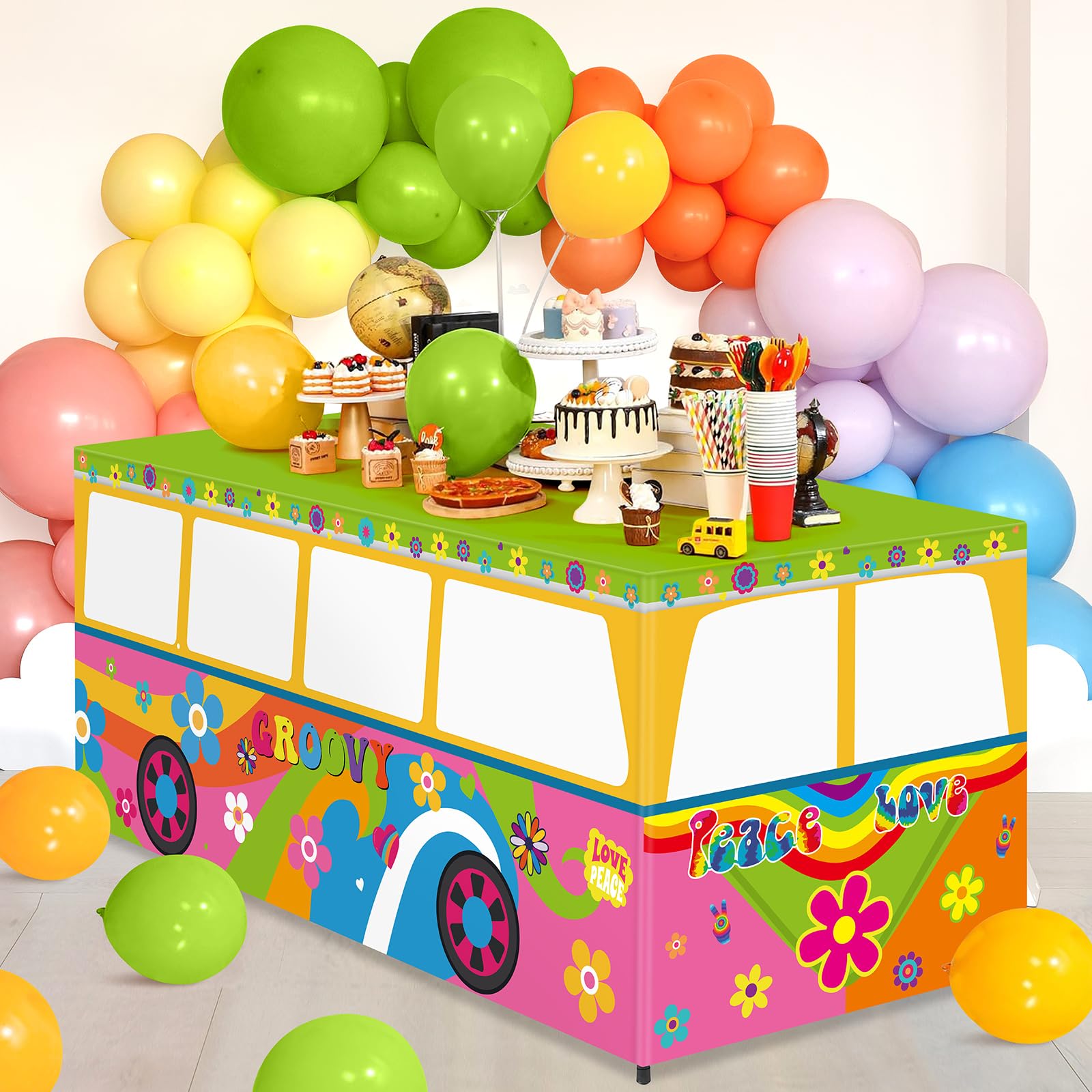 Photo 1 of 6 Ft 60's Hippie Groovy Bus Tablecloths Birthday Party Decorations 60's Retro Groovy Table Cover Washable Fabric Polyester Rectangle Table Covers Protector for Retro 60s 70s Birthday Party Decorations