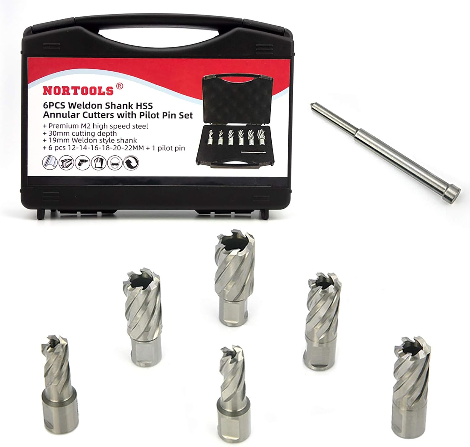 NORTOOLS Annular Cutter Set, 7 Pcs HSS M2 Annular Cutters with Weldon Shank Cutting Depth 30mm,Cutting Diameter 12-22mm