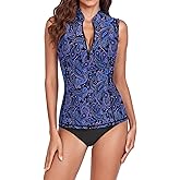 Women Rash Guard Tank Top Swim Shirts UV Sun Protection Surfing Swimsuits Top Zipper Bathing Suit Built in Bra No Bottoms