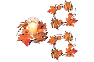 PALONMY 3pcs Fall Candle Rings Wreaths Autumn Maple Leaves Pumpkins Berries Candle Holder Rings Mini Wreaths Decorations for Tables Centerpieces Halloween Thanksgiving Harvest Christmas Home Kitchen Decor