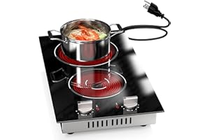 2 Burners Electric Cooktop 2000W, Plug in Electric Stove Top110v, Countertop & Built-in Cook top 12 Inch, 2 Burner Cooktop Knob Control, 9 Power Levels, Grey knob, Karienvir