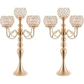2 Packs 5 Arms Crystal Candelabra Wedding Centerpieces for Tables, candelabros para centros de mesa Set with Chandelier Crystal Beaded Anniversary Dinner Party (Gold, 21.5" Tall)