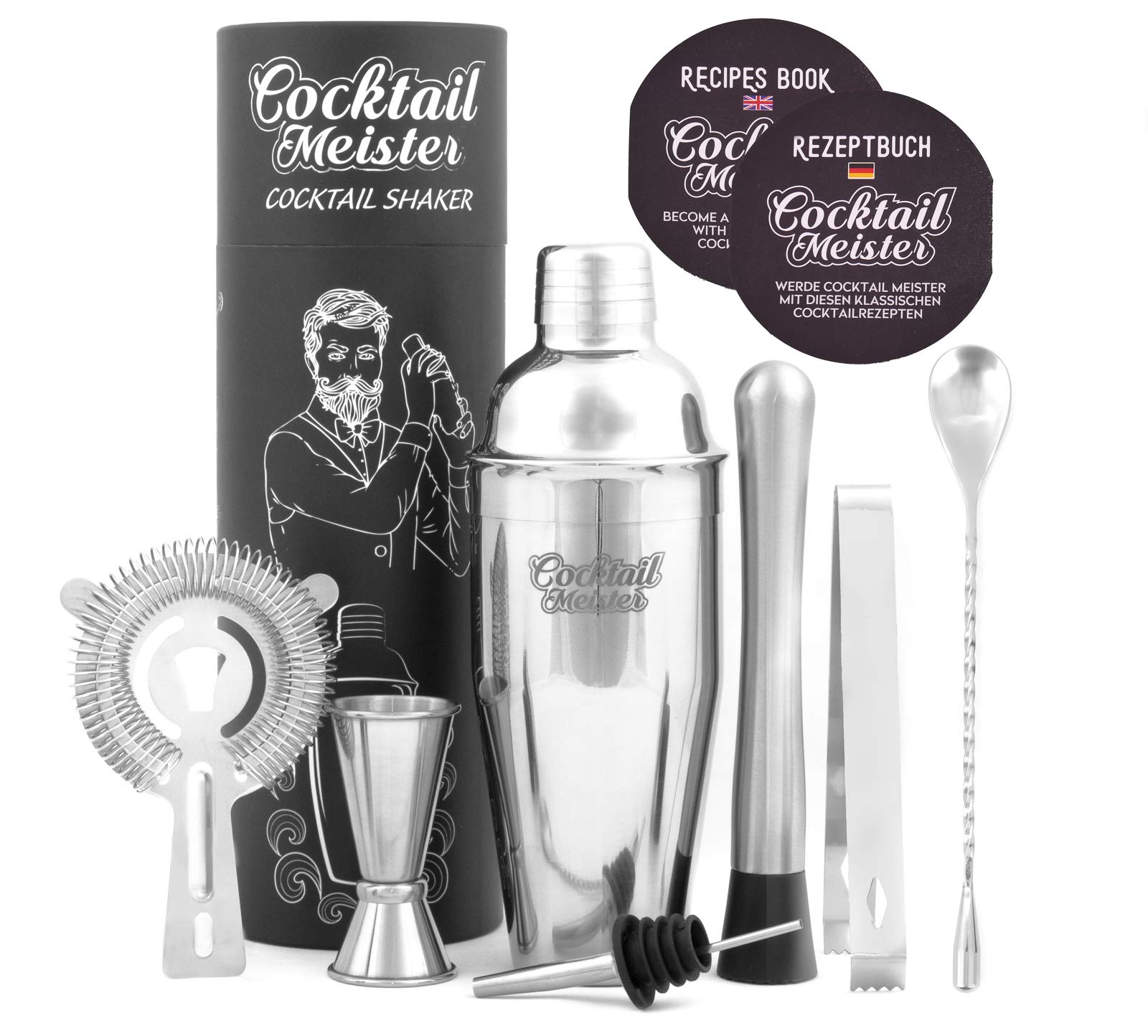 CocktailMeister Premium Cocktail Making set, Professional Cocktail Shaker Set, Stainless Steel Cocktail Set Ideal for Home or Bar. Includes Recipe Booklet & Gift Box