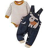 Baby Boy Clothes Fall Winter Outfits Long Sleeve Striped Romper Cute Cartoon Jeans Overalls Pants Set 0-18 Months