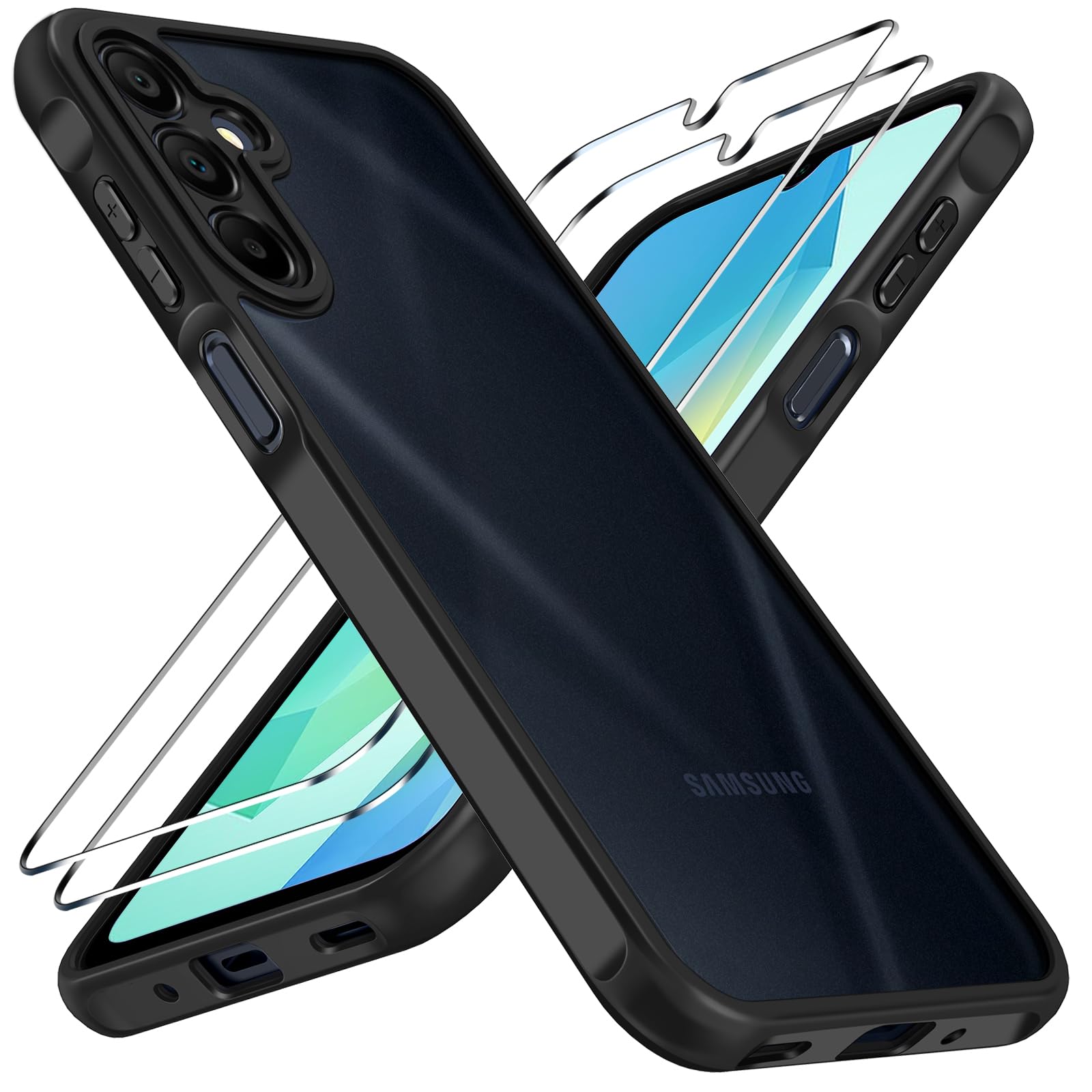 ivoler 3-in-1 Case for Samsung Galaxy A16 5G with 2 Pack Tempered Glass Screen Protector, [Military Grade Protection] Matte Thin Slim Phone Bumper Cover Hard Back [Anti-Scratch] [Non-Yellowing]-Black