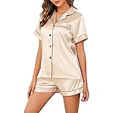 Vlazom Womens Silk Pajamas, Short Sleeve Satin 2 Piece Pj Sets Button-Down Sleepwear Loungewear Pjs Shorts Set S-XXL
