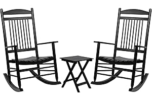 MUPATER Outdoor Rocking Chair Set 3-Piece Patio Wooden Rocker Bistro Set with Foldable Table and Curved Seat, Black