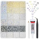 qiipii White 3-10mm Flatback Pearls and Rhinestones w B7000 Jewelry Glue for Bedazzling Crafting Half Pearls Resin Stones Diamonds for Face Eyes Makeup Tumblers Bottles Crafts Grad Cap Shoes Scrapbook