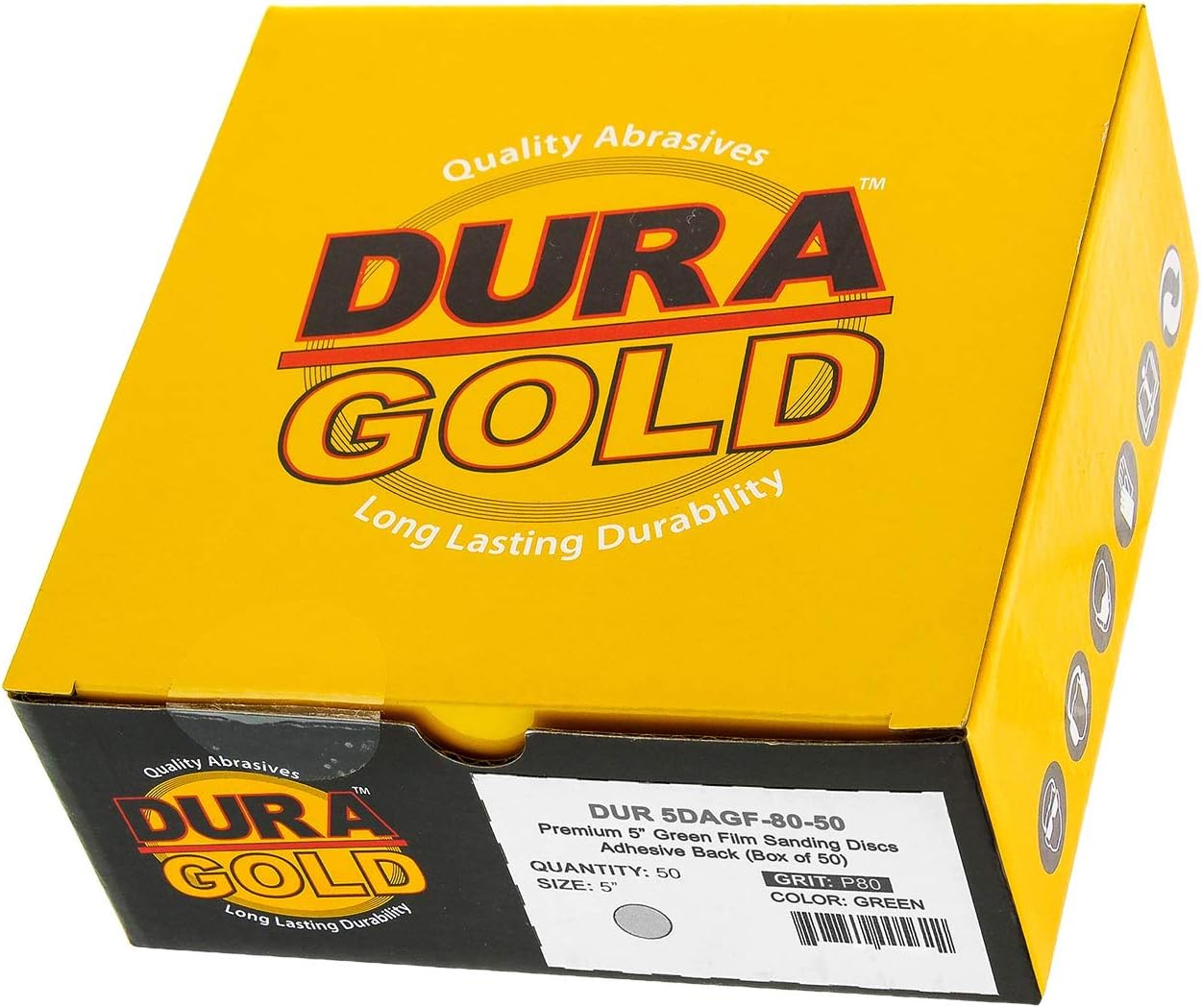 Dura-Gold - Premium Film Back - 80 Grit 5" Green Film - PSA Self Adhesive Stickyback Sanding Discs for DA Sanders - Box of 50 Sandpaper Finishing Discs for Automotive and Woodworking - - 