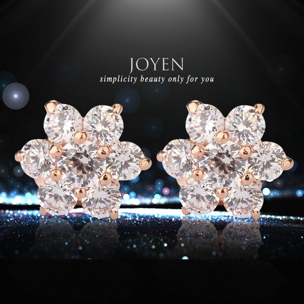 JOYEN Rose Gold Flower Shape Cubic Zirconia Earrings Studs for Women