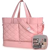 Double Bus Weekender Bag for Women Men, Large Overnight Bag Faux Leather Travel Duffel Bag with Shoe Compartment Toiletry Packing Cube Carry On Bag Fit 21" Laptop 3Pcs Set (2PCS Pink)